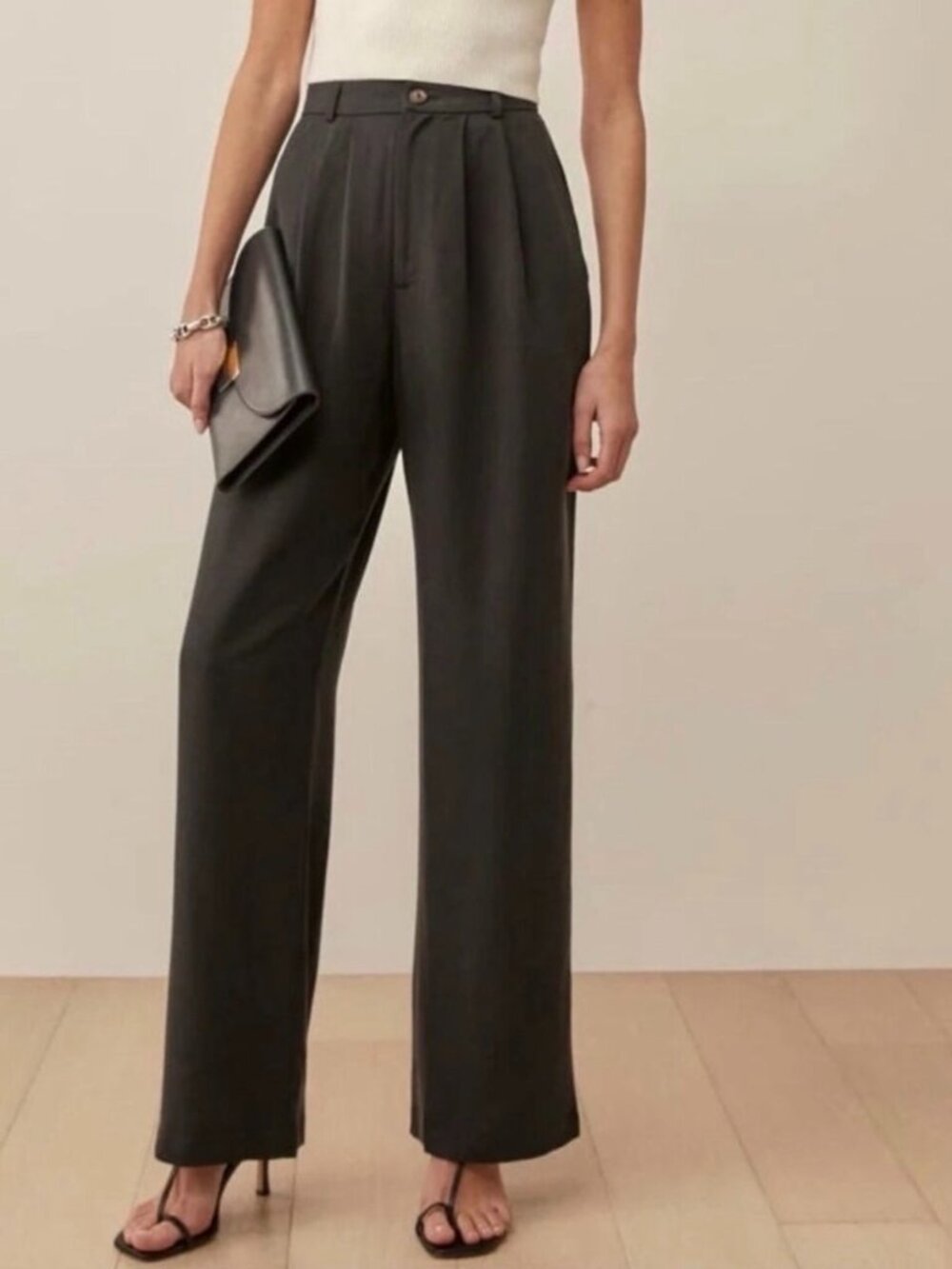 Reformation Petite Mason Pants Size 0 Faded Black Pleated Wide Leg Dark Academia